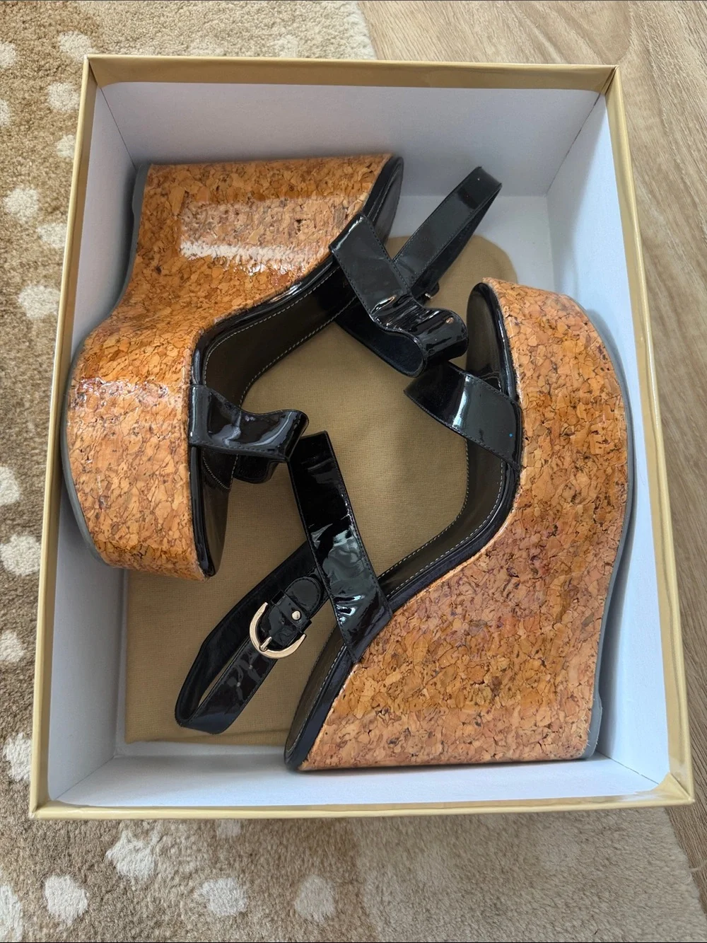 Sergio Rossi Black Patent Cork Wedge Sandals